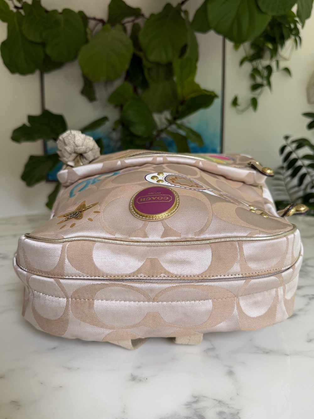 Coach Poppy Signature Graffiti Appliqué Backpack & Wallet Set Khaki Gold Multi - Picture 8 of 16